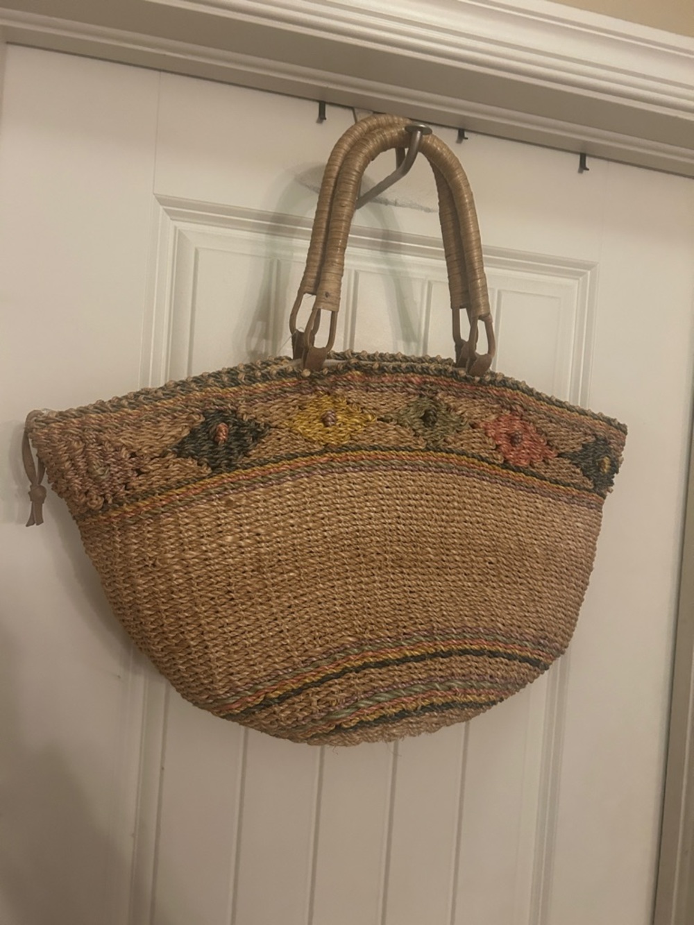 Vintage hand Woven Straw Tote Bag with Multicolor Accent